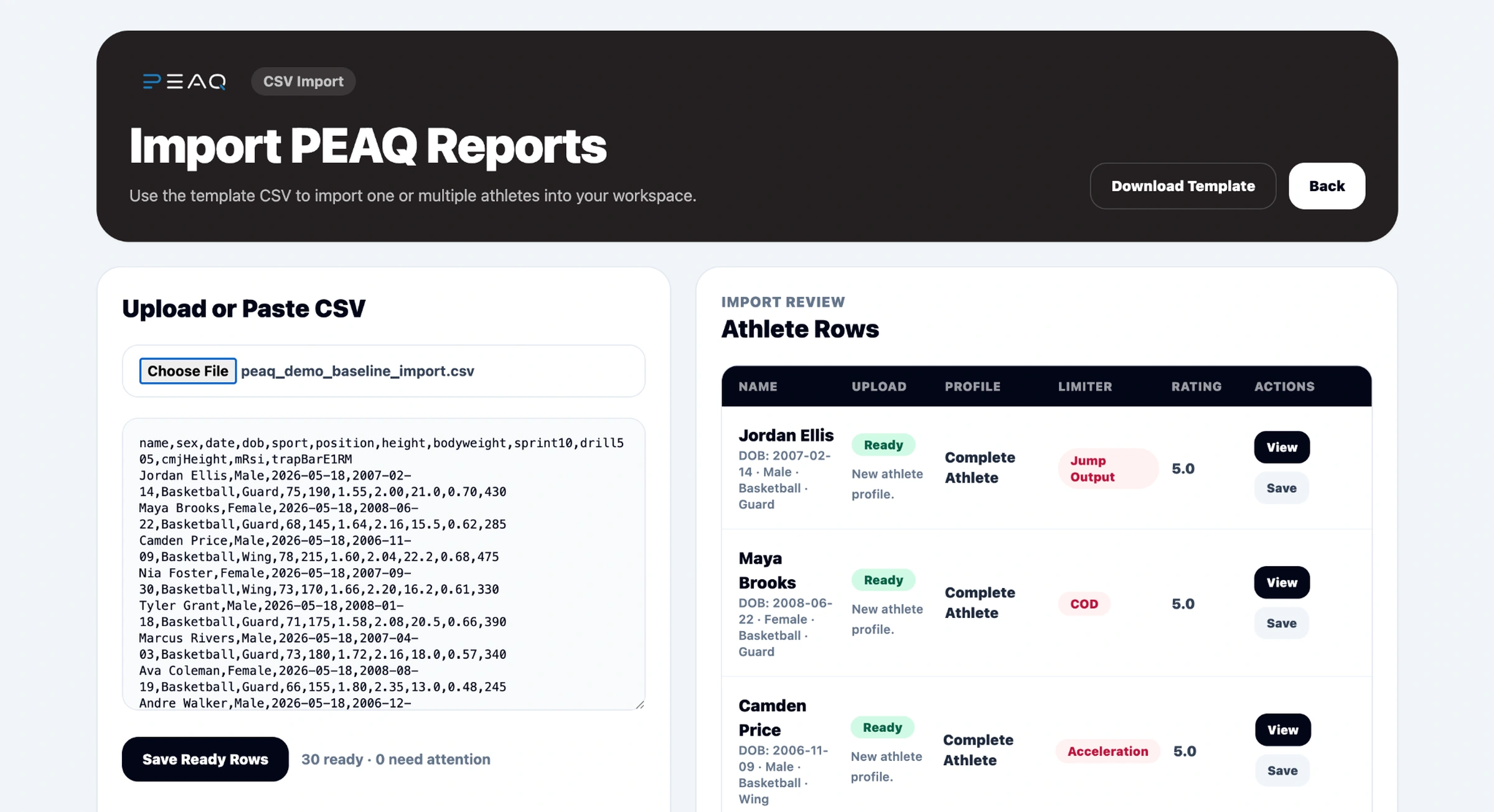 PEAQ CSV import review screen showing athlete rows ready to save